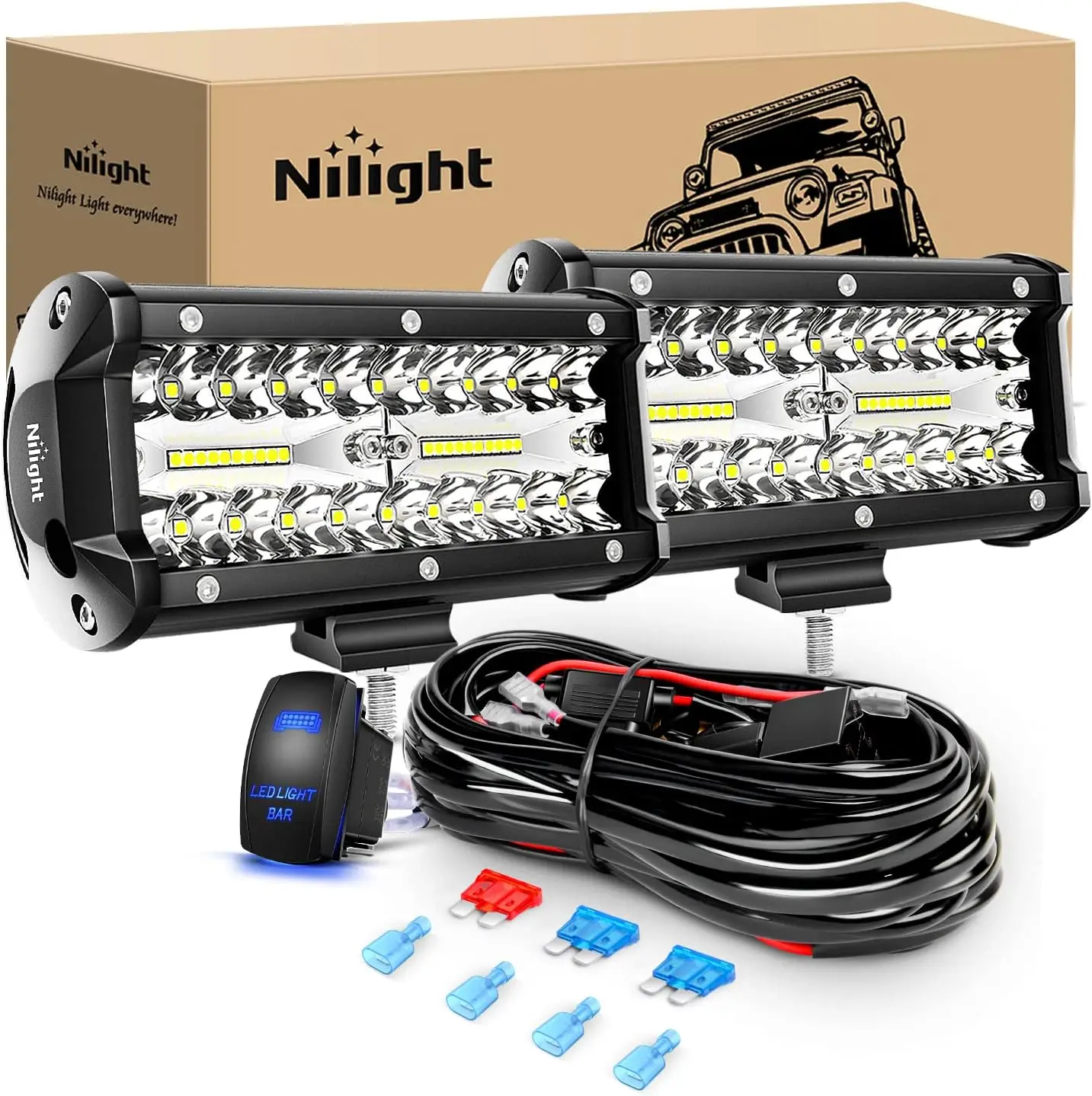 

6.5 Inch 120W Spot Flood Combo LED Work Light Bar with Wiring Harness Kit for Off-Road Trucks