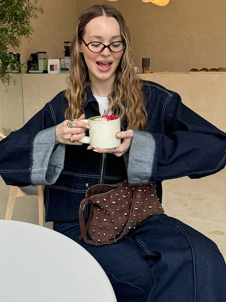 التلبيب سستة جيوب الدنيم الستر معاطف السراويل 2 قطعة مجموعات فضفاض طويلة الأكمام الصلبة القمم الجينز الدعاوى شارع العليا ملابس غير رسمية #3