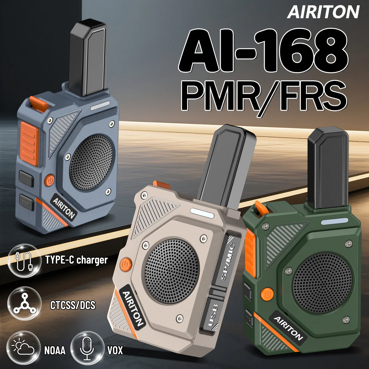 2PCS AIRITON AI-168 Mini Walkie Talkie PMR Long Range Rechargable Portable NOAA Type-C Charger VOX for Hiking Ham Radio