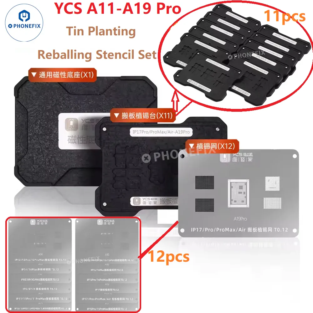 kit-de-pochoirs-de-rebillage-ycs-a11-a19-pro-pour-carte-mere-iphone-8-x-11-12-13-14-15-16-17-pro-max-–-outil-de-reparation-par-soudure