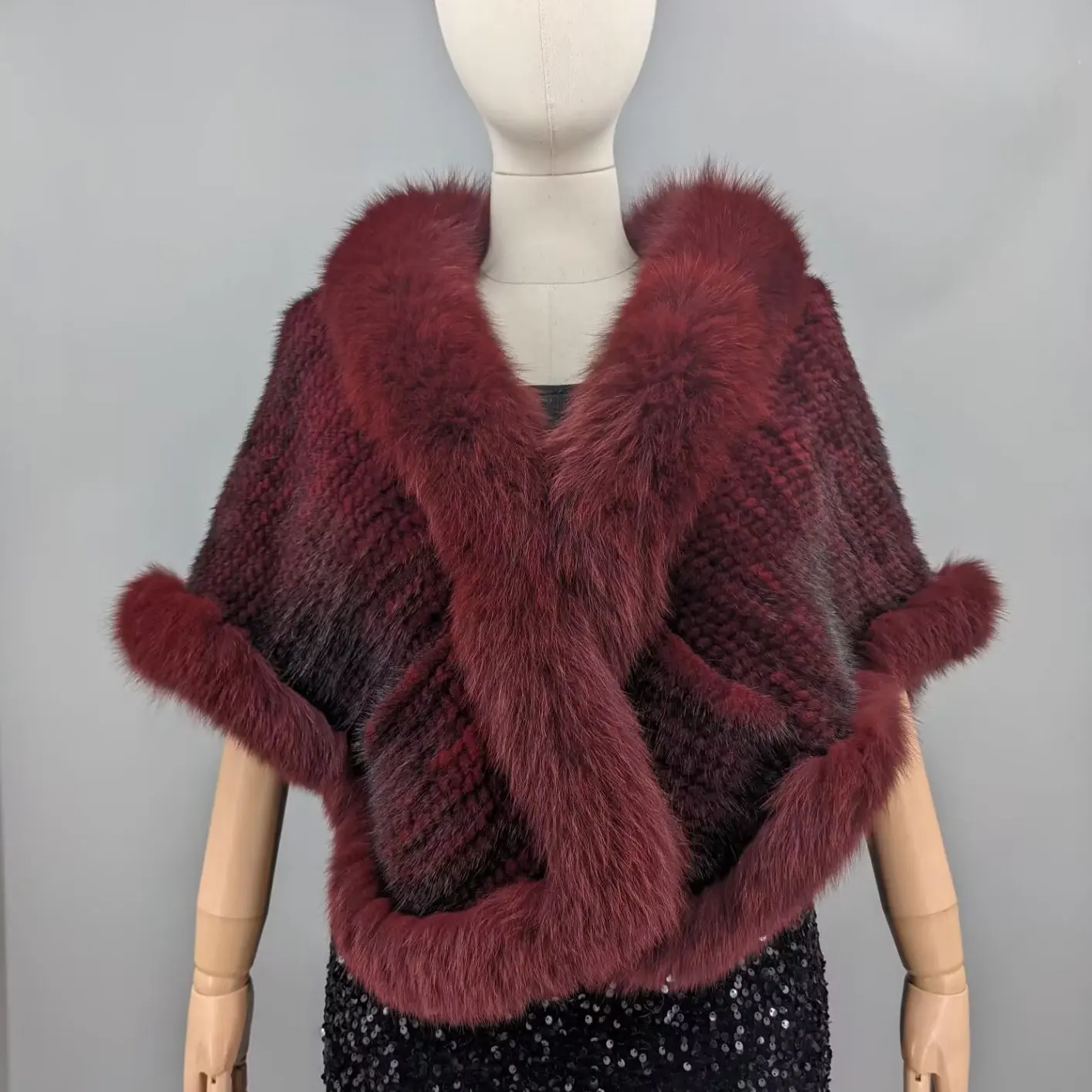 Real Mink Knitted Shawl Women Wine Red Fox Fur Trim Evening Party Luxury Fur Cape Wrap 23A0814