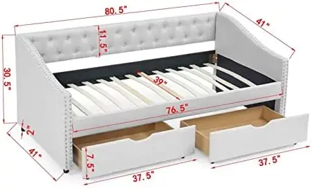 Wood Twin Daybed, Day Bed Frame with 2 Storage Drawers, Upholstered Twin Bed Frame Sofa Couch with Button and Nailhead