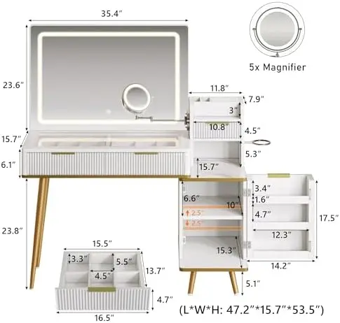 Makeup Vanity Desk with HD & 5X Magnifying Mirror and Lights, 47'' Make up Vanity, Fluted Glass Top Dressing Table