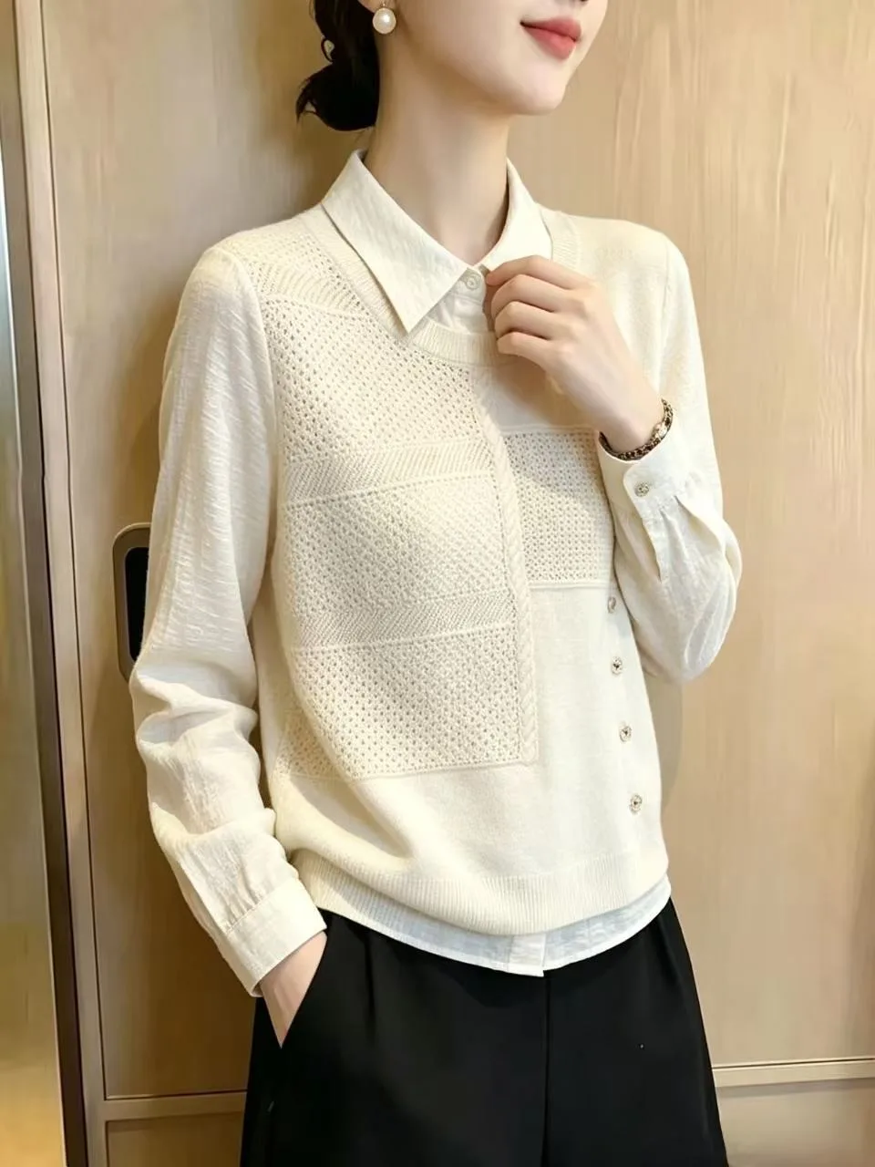 Early Autumn 2026 Hollow out Knitted Shirt Panel Loose Long Sleeve Women's Casual Top Fake Two-Piece Style Floral Pattern