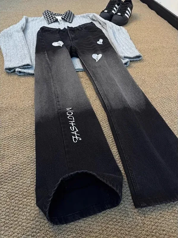 

Мужские джинсы American Sle с вышивкой в виде сердца и букв, прямые, слегка расклешенные, свободного кроя, повседневные, в стиле Cleanfit