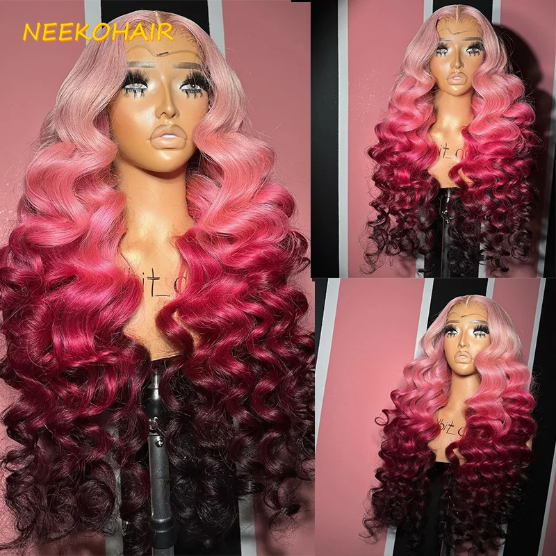 

13x6 HD Ombre Pink Lace Front Wig Curly Hot Pink 13x4 Transparent Lace Frontal Or 4x4 Closure Human Hair Wigs For Women