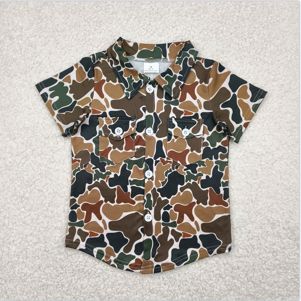 

Fashion Kids Designer Clothes Boutique Toddler Kids Clothes Baby Boys Dark Brown Camo Short Sleeves Button Pockets Shirts Tops