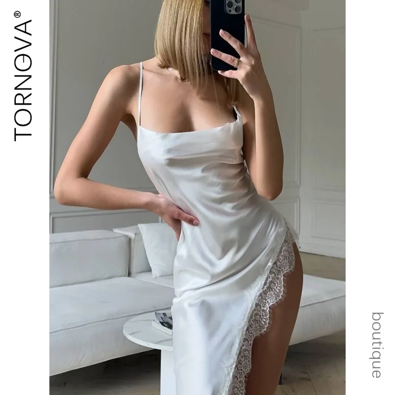 

Tornova Women New Summer Sexy See-through Slim Sling Dress Knitting Lace Hollow Out High Waisted Backless Leisure Sexy Skirt