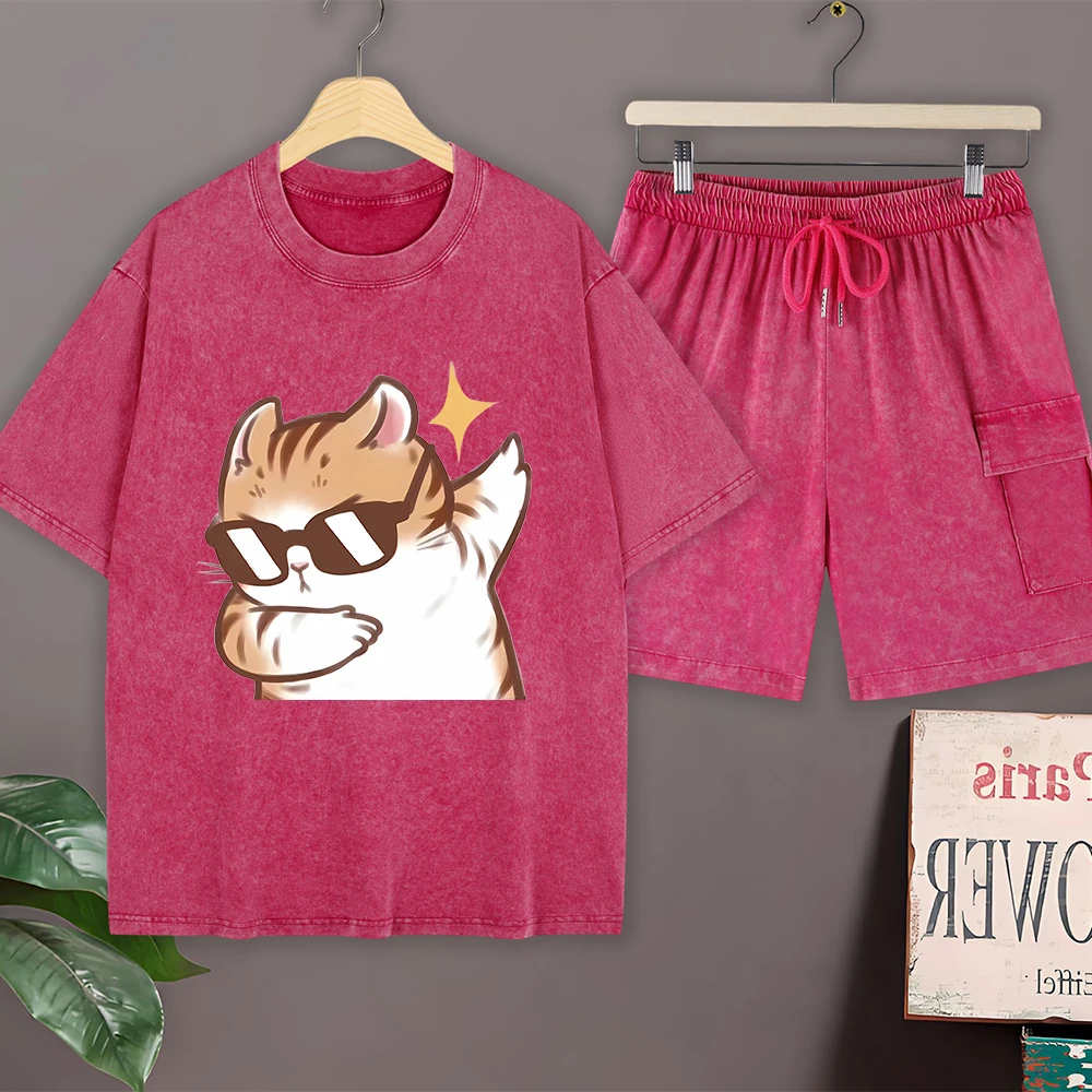 

Крутой комплект для кошек: футболка из хлопка с эффектом потертости, мужские летние топы с коротким рукавом, брюки, футболка оверсайз с круглым вырезом, шорты карго