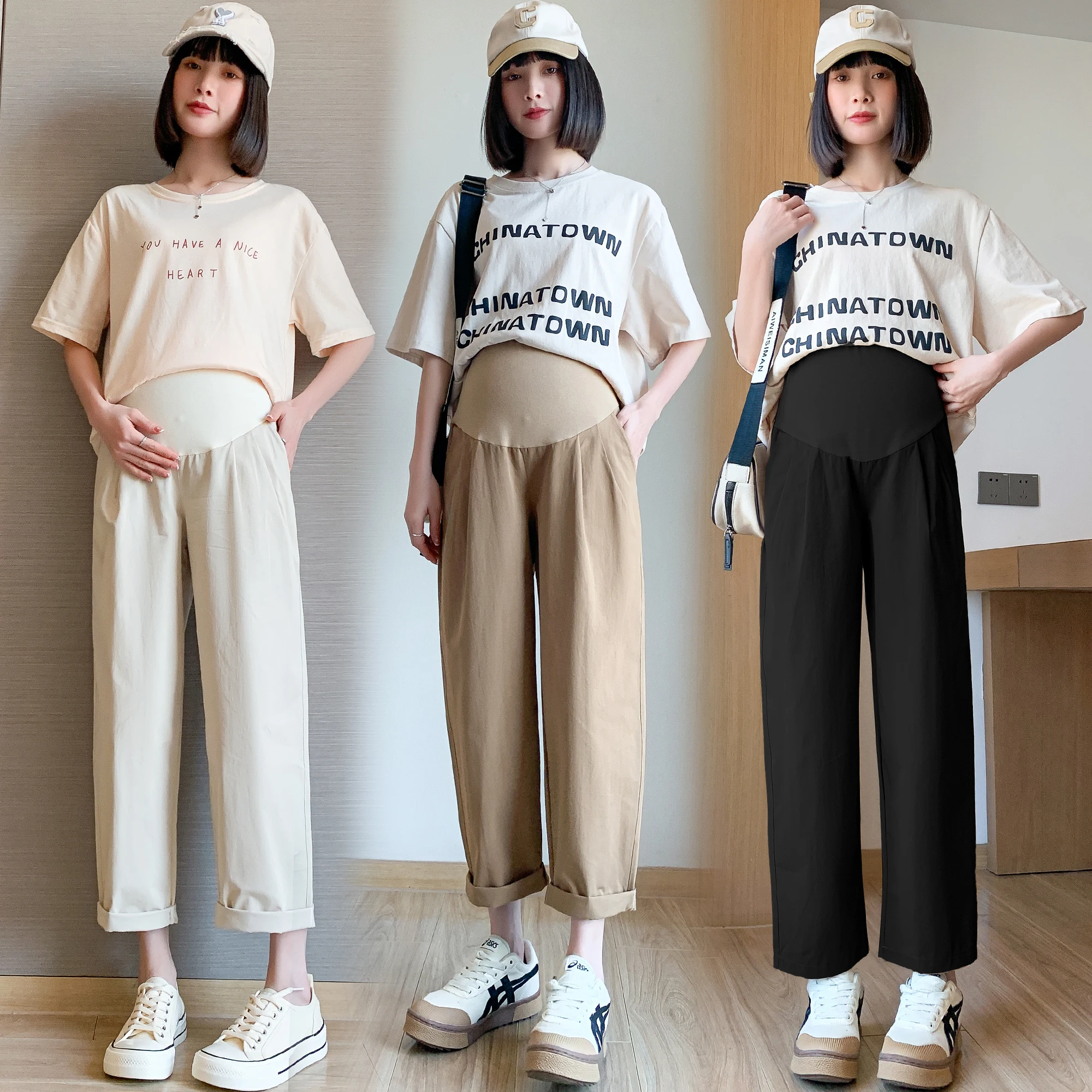 25SS Spring Summer Thin Cotton Workwear Pants for Maternity Belly Support Tapered Straight Cropped Pants for Pregnant Women 4XL