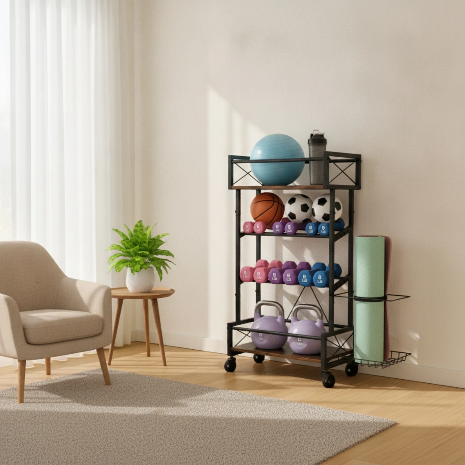 Sports Ball Storage Rack Mobile Ball Rack with Wheels Sports Gear Organizer Freestanding Allmultifunctional for Athletes, Garage