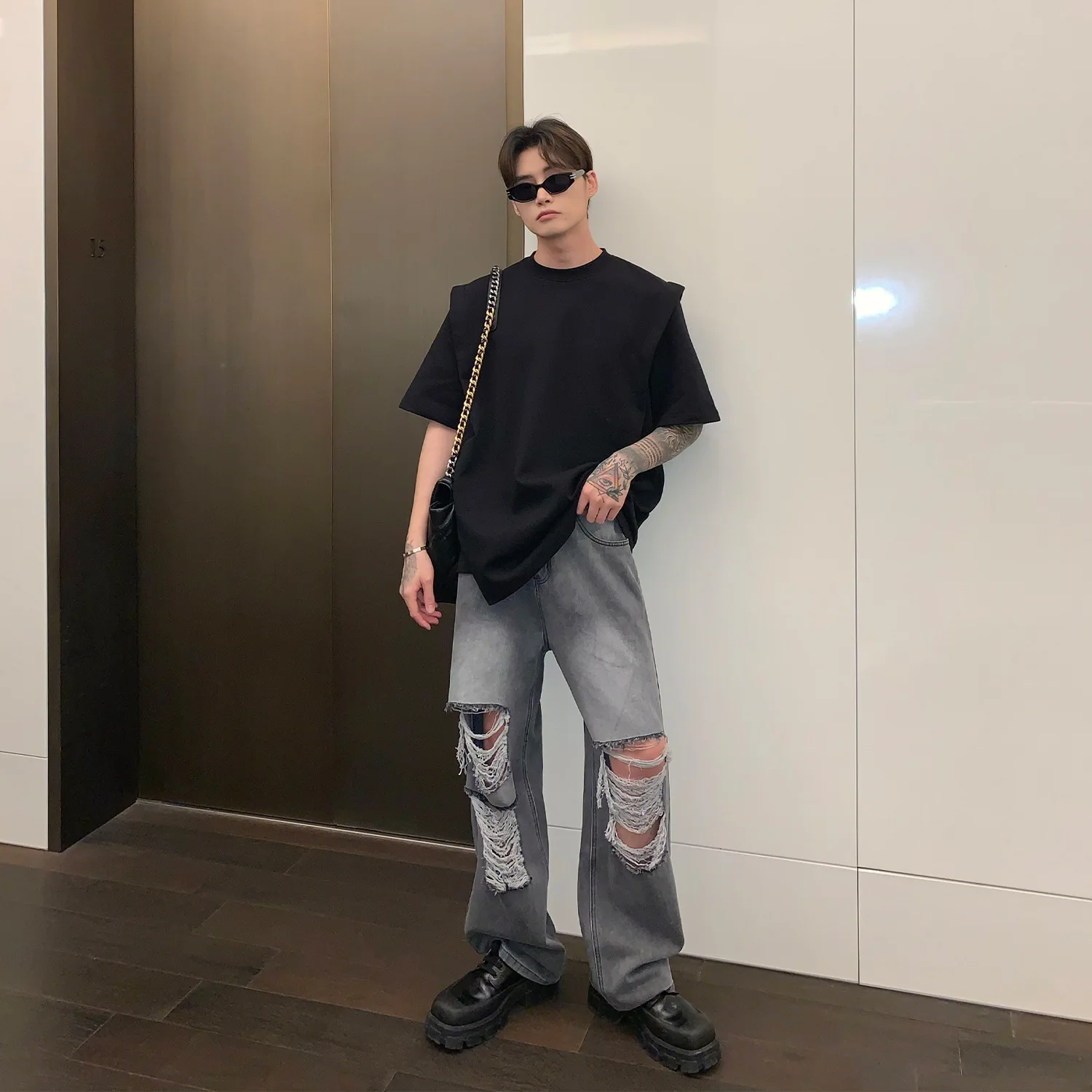 Niche Design Layered 3D Short Sleeve T-shirt Men's Summer New Oversized T Shirt Solid Color Shoulder Pad Loose O-Neck Trendy Top