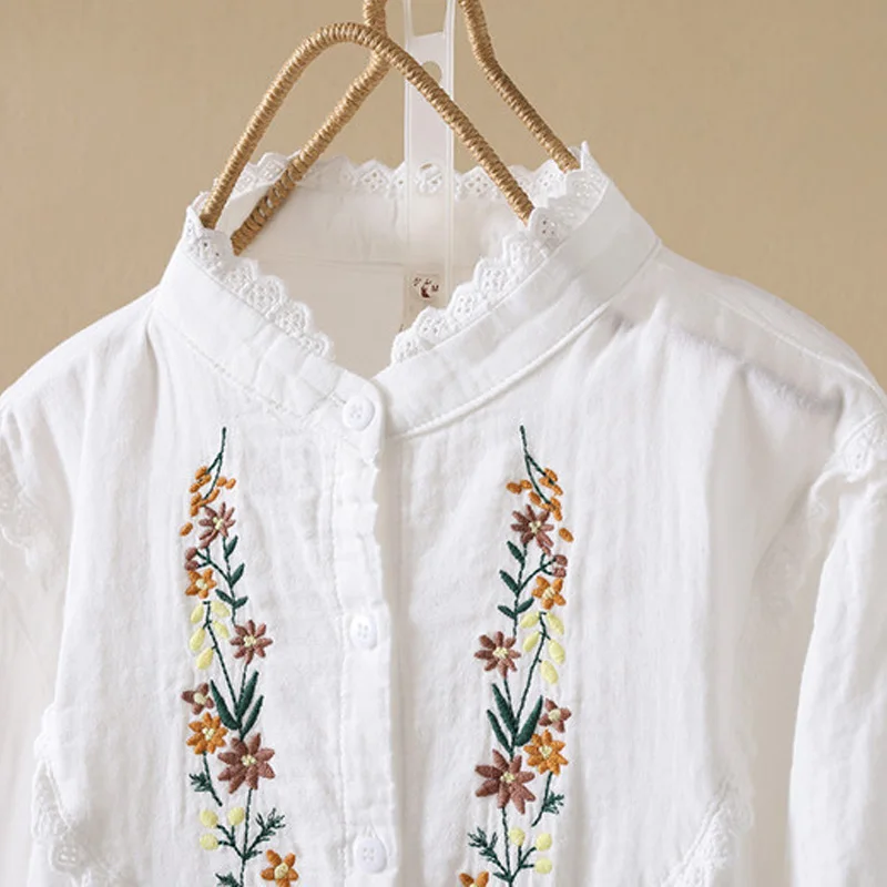 New 2026 Autumn Women Cotton Yarn Long Sleeve Shirt, Stand Ruffles Embroidery, Mori Girl French Commute Loose Blouse T67585CC