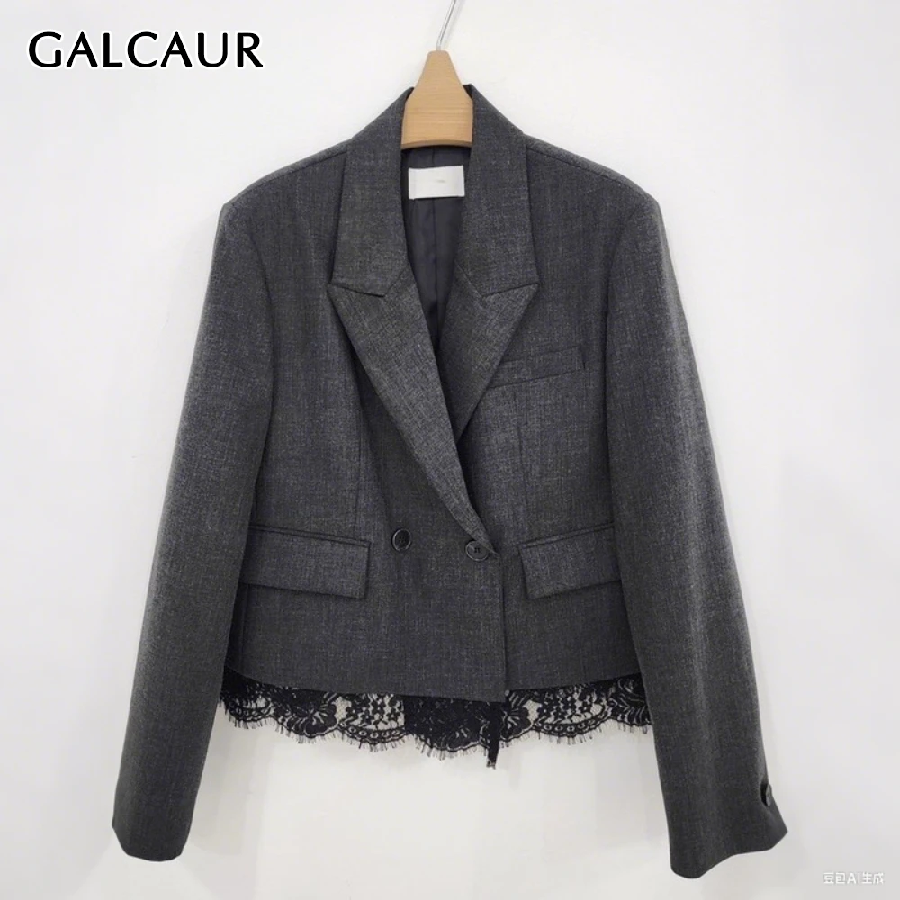 

GALCAUR Solid Spliced Lace Korean Jacket Female Lapel Long Sleeve Loose Minimalist High End Women's Jackets Autumn Fashion New