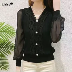 Korean Temperament Lace V-Neck Solid Color Shirt Women's Clothing New Fashion All-match Chiffon Long Sleeve Blouse for Female