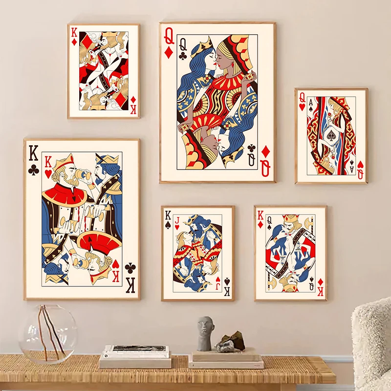 Vintage Poker King & Queen Cards Canvas Wall Art, Unframed Nordic Canvas Love Kiss Wall Picture Poster for Living Room Decortion