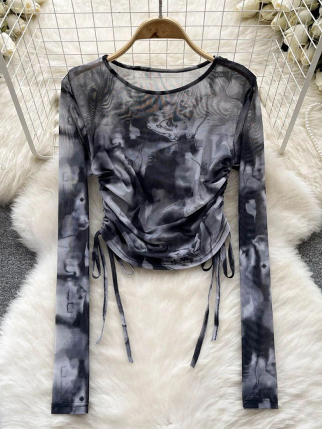 Women's Summer Tie Dye Mesh Drawstring Round Neck Popular T-shirt Top Comfortable and Breathable