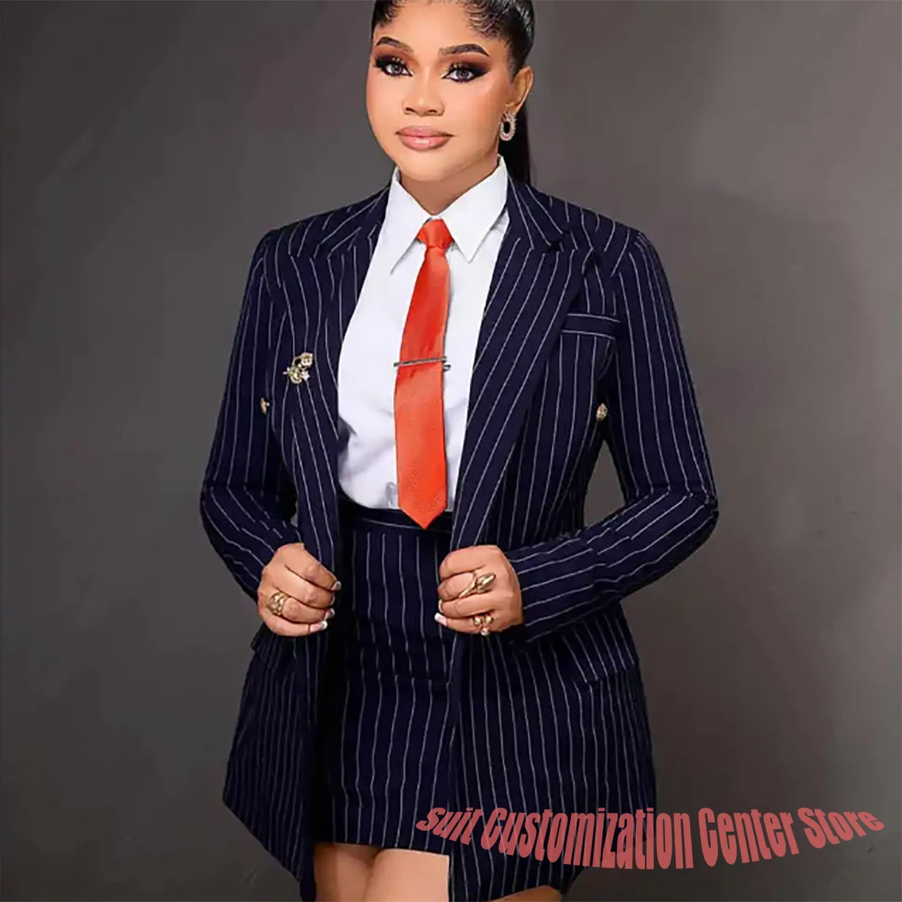 Vintage Peaked Lapel Stripe Women Suits Elegant Blazer+Mini Skirt 2 Pieces Slim Fit Office Lady Wear Customized Set