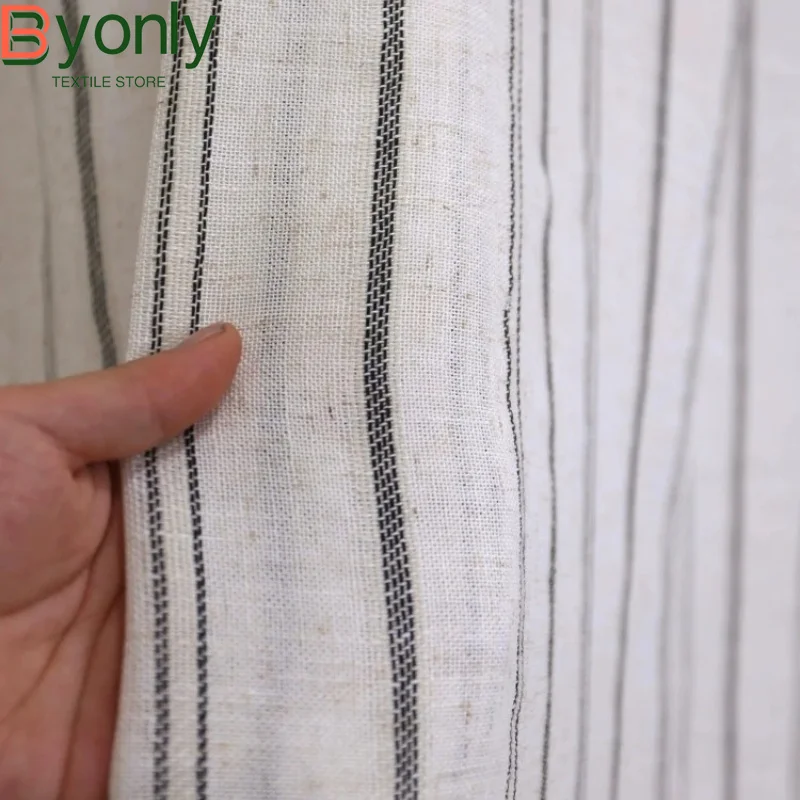 Japanese Literature and Art Black Stripe Linen Window Screen Curtains for Living Room Bedroom French Window Customized Products