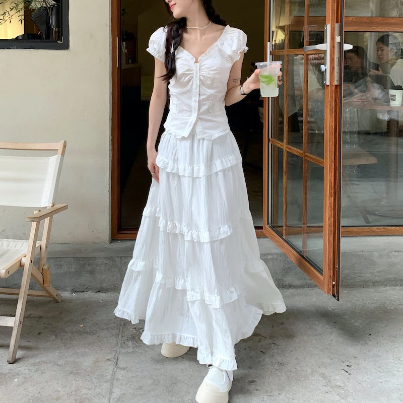 Korean Mori Girls Vintage Crochet Skirts Set Summer Y2k Short Sleeves Slim Shirts with White Loose A-line Long Skirts for Women