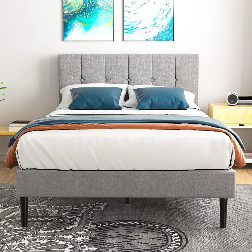 إطار سرير منجد من القماش ، لوح أمامي معنقد ، أساس المرتبة ، دعامة شريحة خشبية معدنية ، الحجم الكامل
