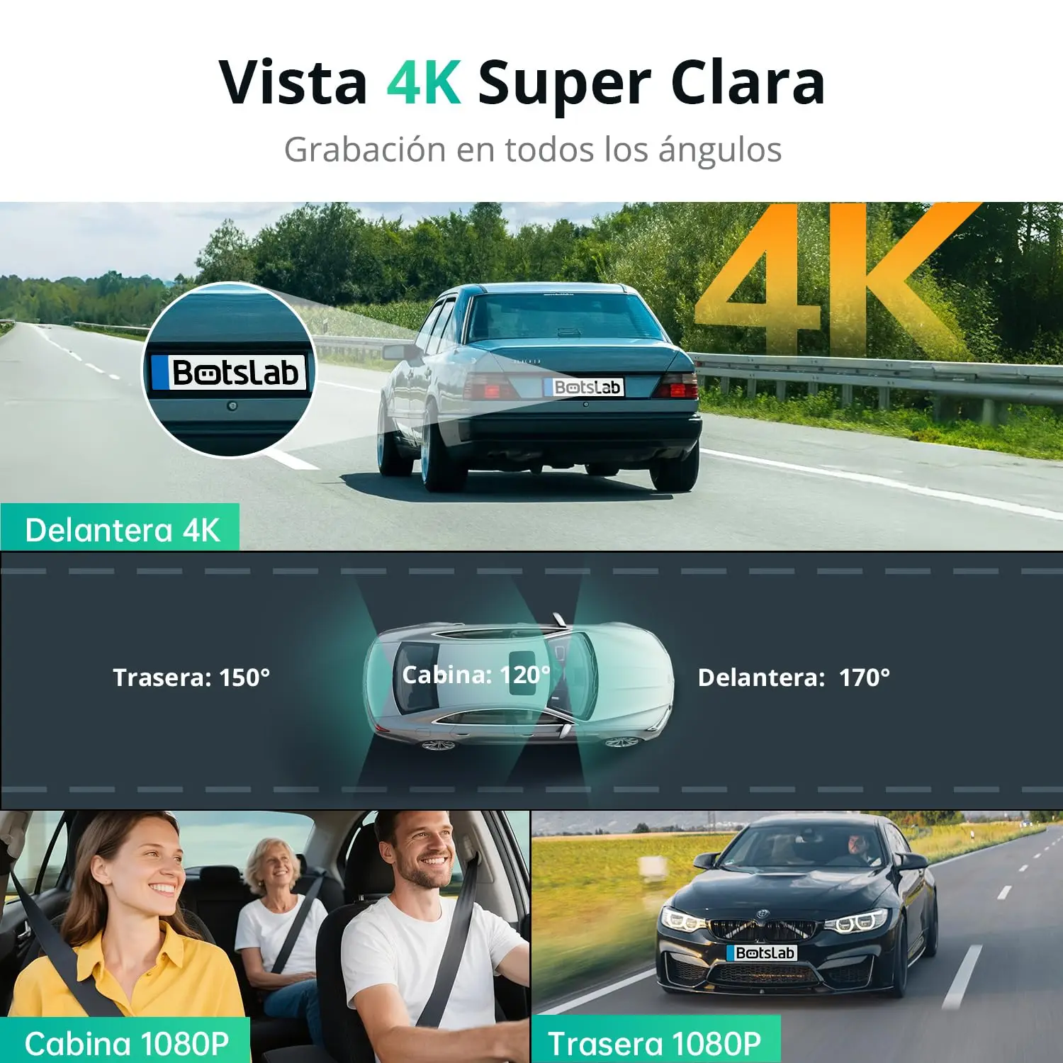 Botslab G980H-3-Canales 4K Dashcam Cámara para salpicadero, cámara para salpicadero Triple con Control por Voz, Pantalla táctil de 3,18 Pulgadas, Modo de estacionamiento 24/7, Tarjeta 128 GB incluida