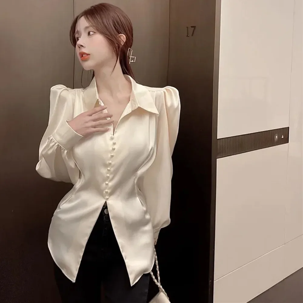 Puff Sleeve Shirt Fashion Slim Office Lady Back Bow Elegant Casual Blouse Korean Hollow Out Turn Down Collar White Tops Q31