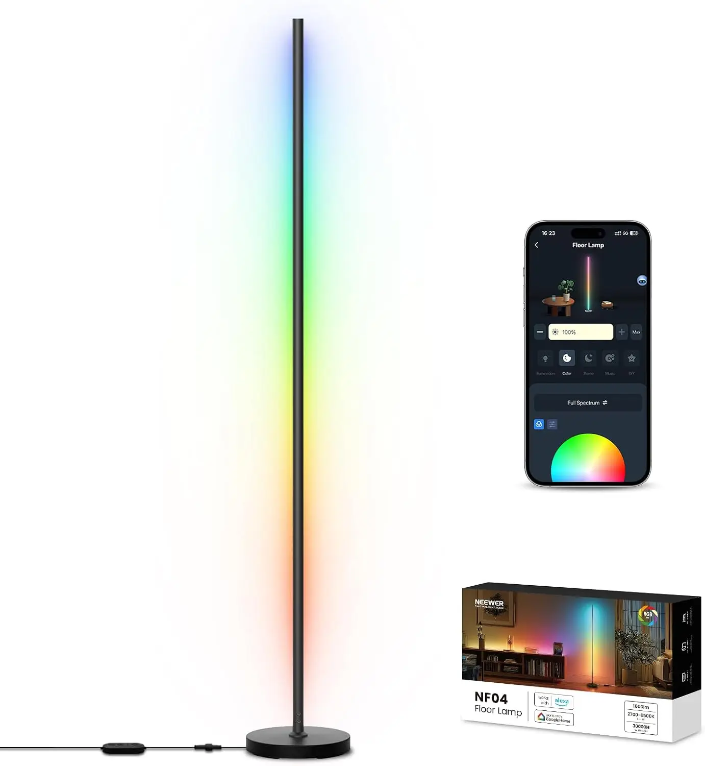 NEEWER NF04 RGB Smart Floor Lamp, 1000lm LED Corner Light APP AI Design Music Sync 16M Colors Alexa Google Living Room Bedroom
