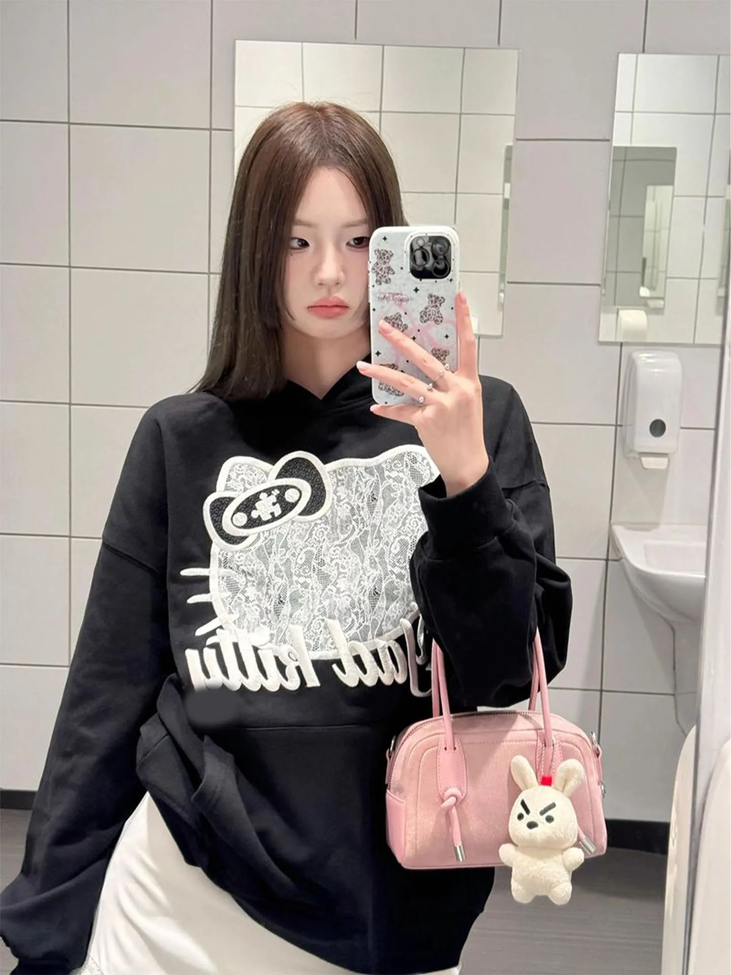 Kit renda 3d impresso moletom feminino solto doce bonito topo na moda longo sve fibra de poliéster casual streetwear