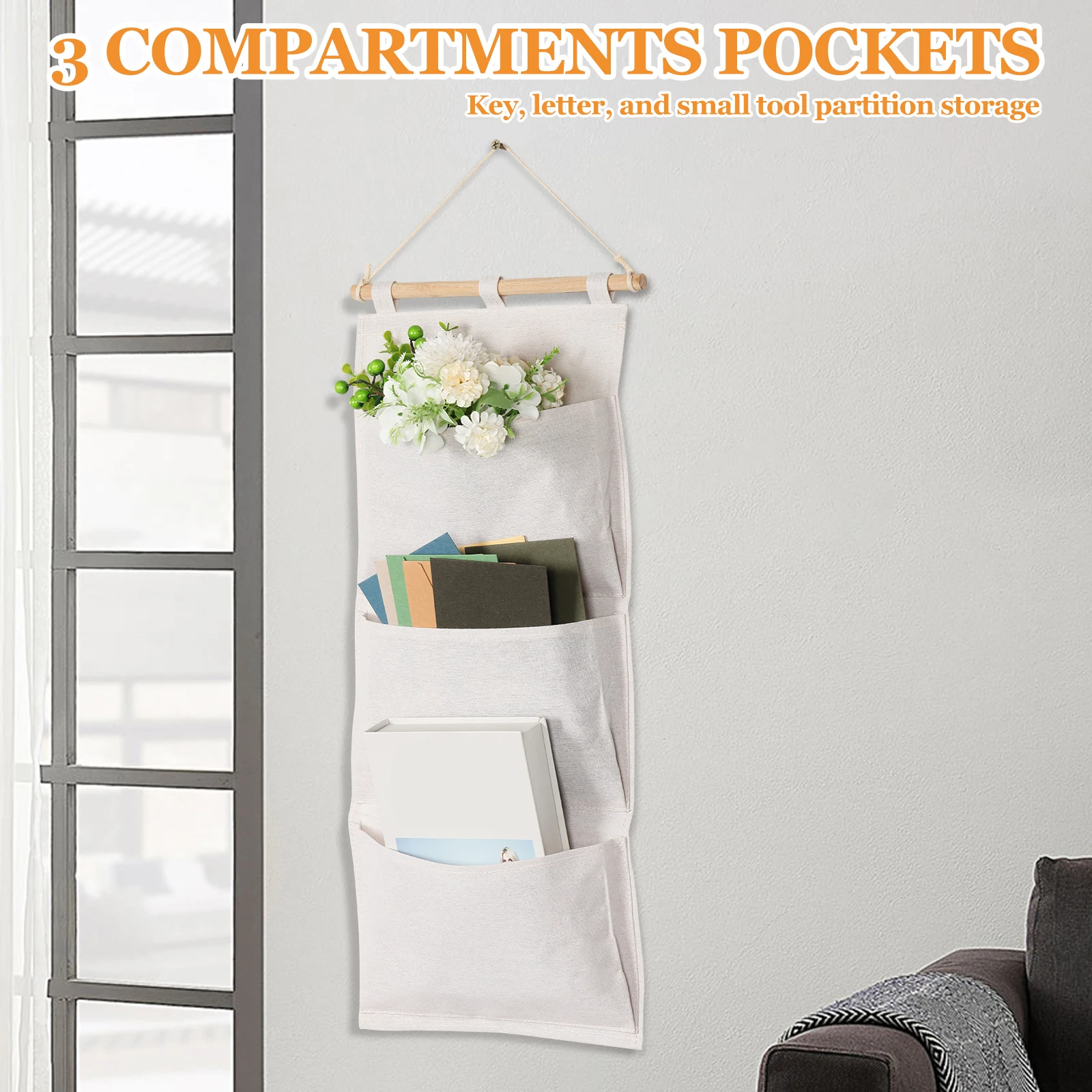 2 قطعة حقيبة تخزين فوق الباب من القطن والكتان حقيبة تخزين معلقة على الحائط مع 3 جيوب منظم تعليق خزانة ملابس متعدد الوظائف