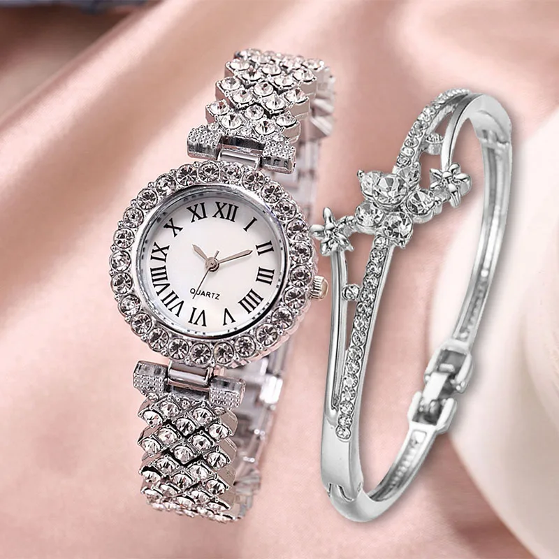 Luxury Golden Women Watch Flowers Fashion Ladies Quartz Diamond Wristwatch Elegant Female Bracelet Watches 2pcs Set Reloj Mujer