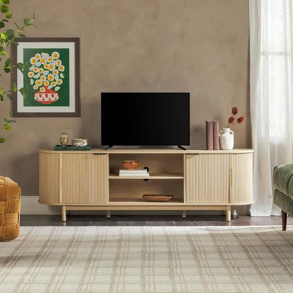

Curved Reeded TV Stand with Sliding Door, 75 & 70, Light Oak Finish