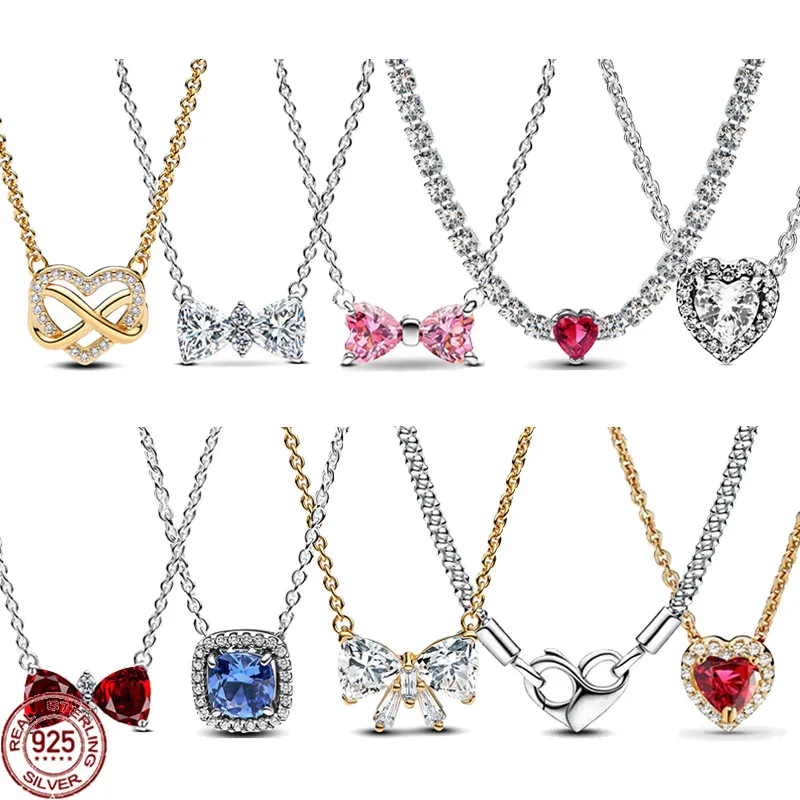 Hot Selling 925 Sterling Silver Sparkling Classic Heart-shaped Bow Square Necklace Exquisite Women's Charm Jewelry Holiday Gifts