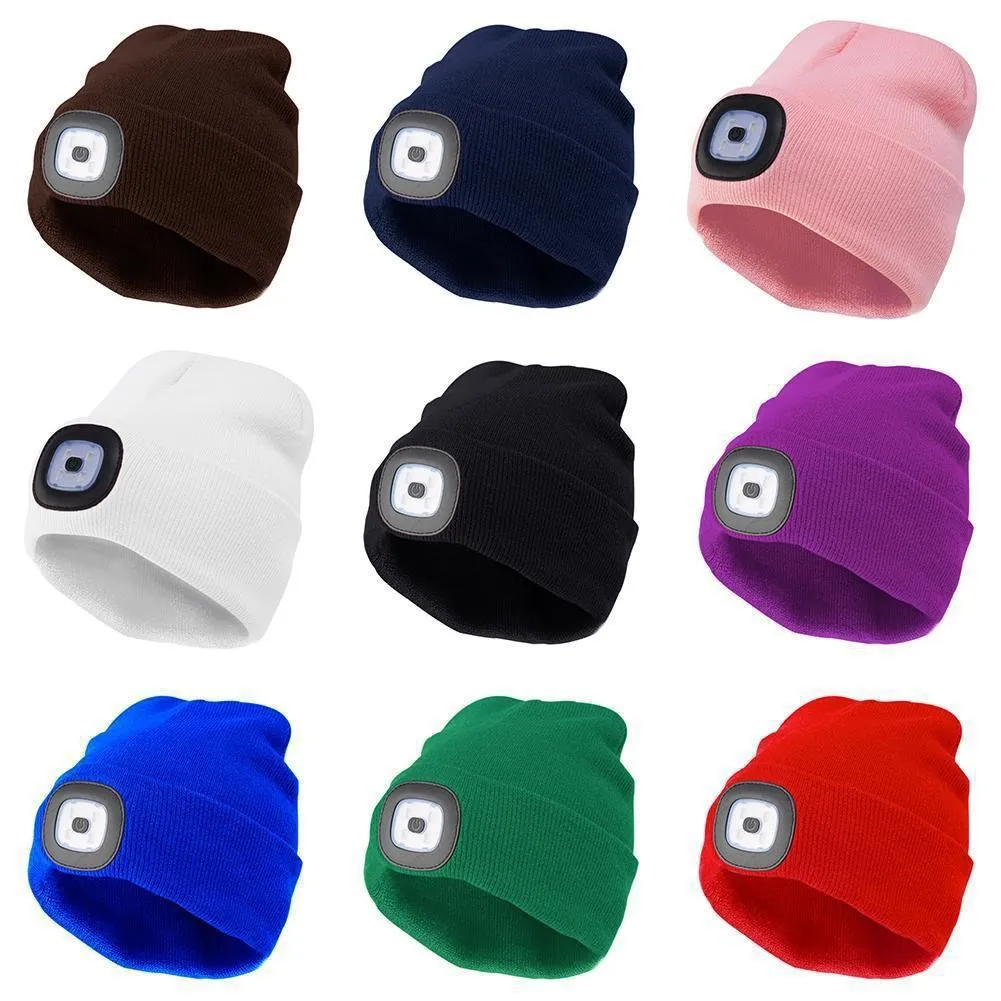 Gorro de invierno para hombre con luz LED, gorro tejido recargable para mujer, gorro para correr de noche, pesca, montar, deportes, gorros para adolescentes