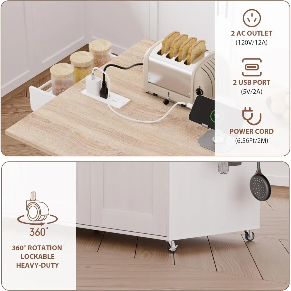 جزيرة مطبخ متنقلة مع طاقة مدمجة وأوراق متدلية، عربة مطبخ دوارة مع مساحة تخزين لصندوق النفايات، محطة مطبخ محمولة #3