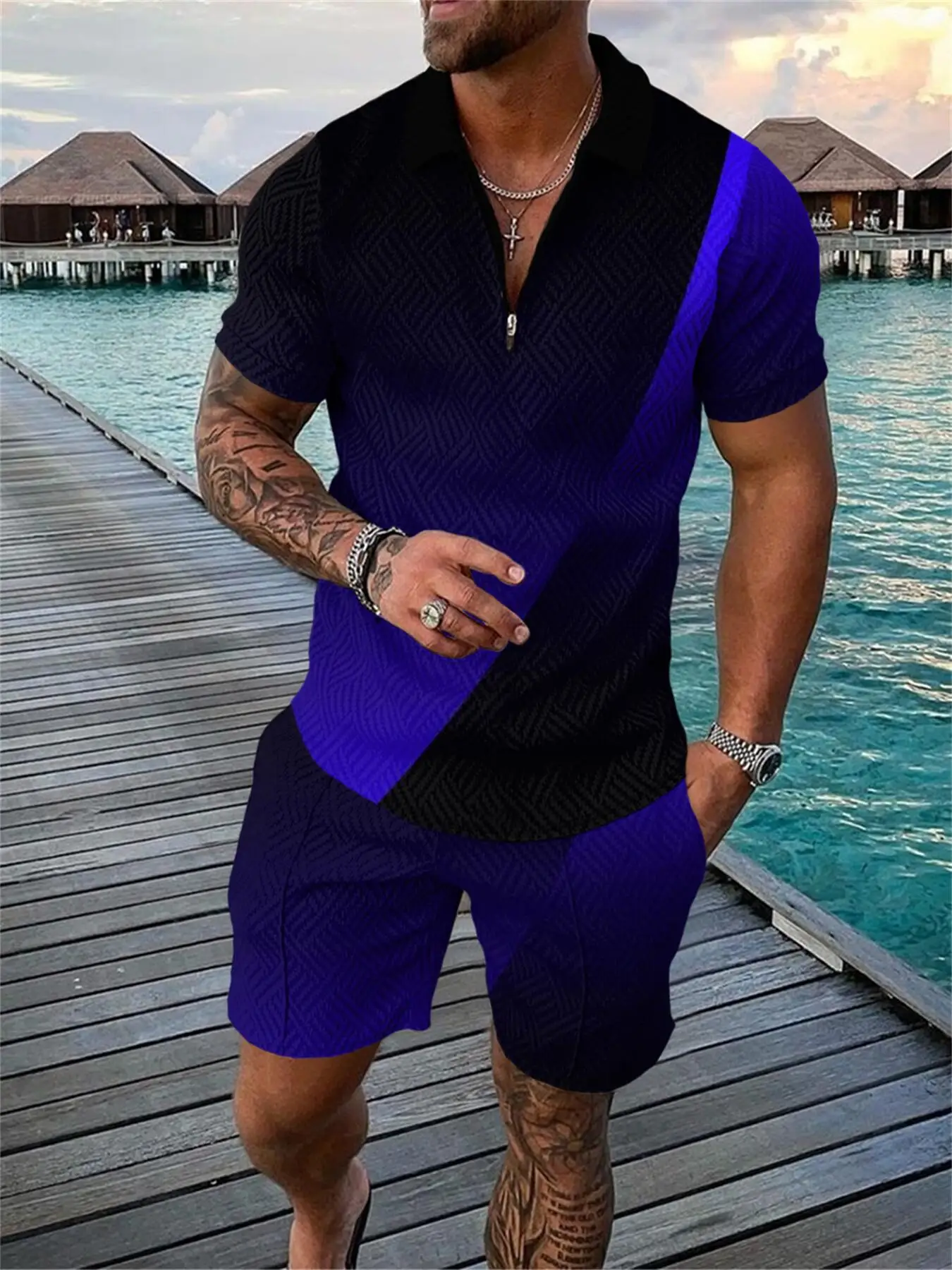 2024 men\'s suit outfit 3D printed polo shirt shorts set men\'s fashion sportswear oversized short sleeved shirt pants