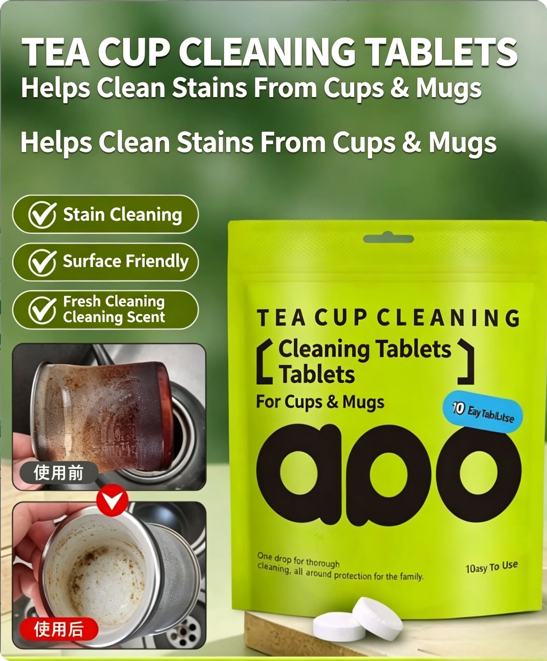 XMSJ Cup Effervescent Cleaning Tablets, Tea‑Stain Remover for Vacuum Mug, Heavy‑Duty Scale Cleaner for Drink‑ware
