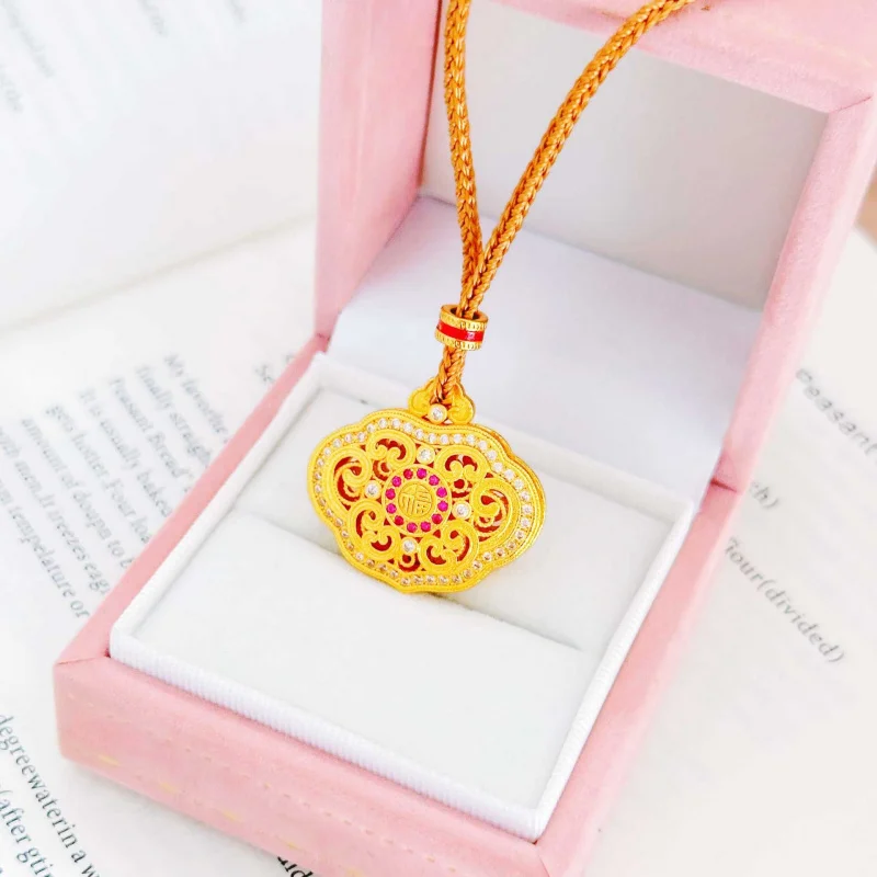 Luxury 100% Real 24K Gold Hollow Filigree Diamond-Set Safety Lock Pendant Necklace
