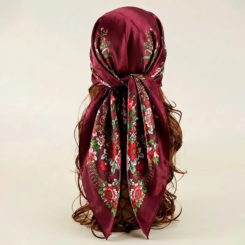 

Luxury Satin Square Scarf Summer Women Hijab Bohemian Floral Pattern Breathable Neck Tie Headband Hair Scarf Decor for Travel
