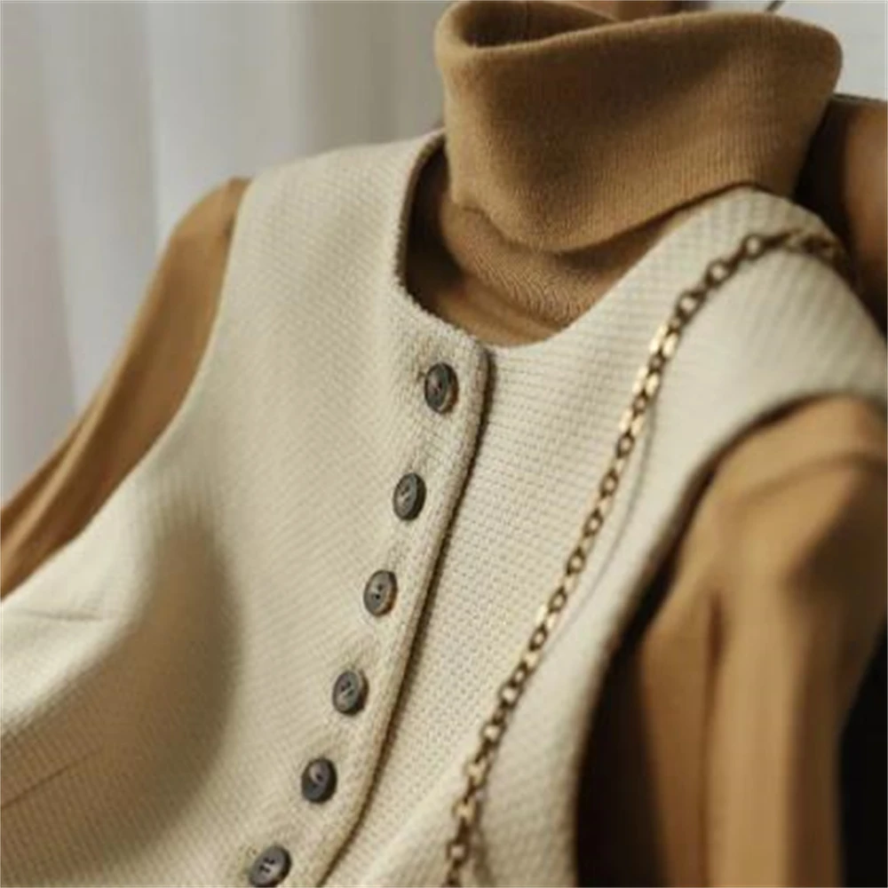 S-3XL All Match Retro Slender Outerwear Autumn Casual Vest Women Vests Waffle Woven Single Breasted Coats Office Lady Elegant