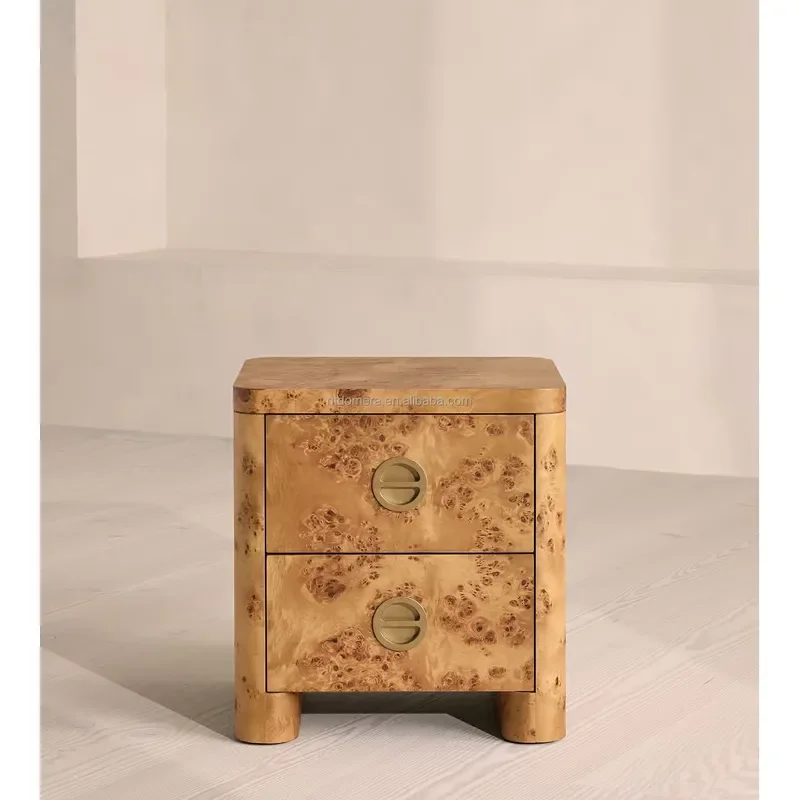 Burl Wood Nightstand, 2 Drawer Bedside Table with Solid Brass Semi-Circular Pull Handles, Mid-Century Modern End Table