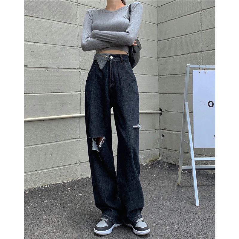 

Retro High Waist Wide Leg Jeans Women's Design Sensation Small Audience Torn Denim Pants Spring Autumn Fashionable Long Trousers