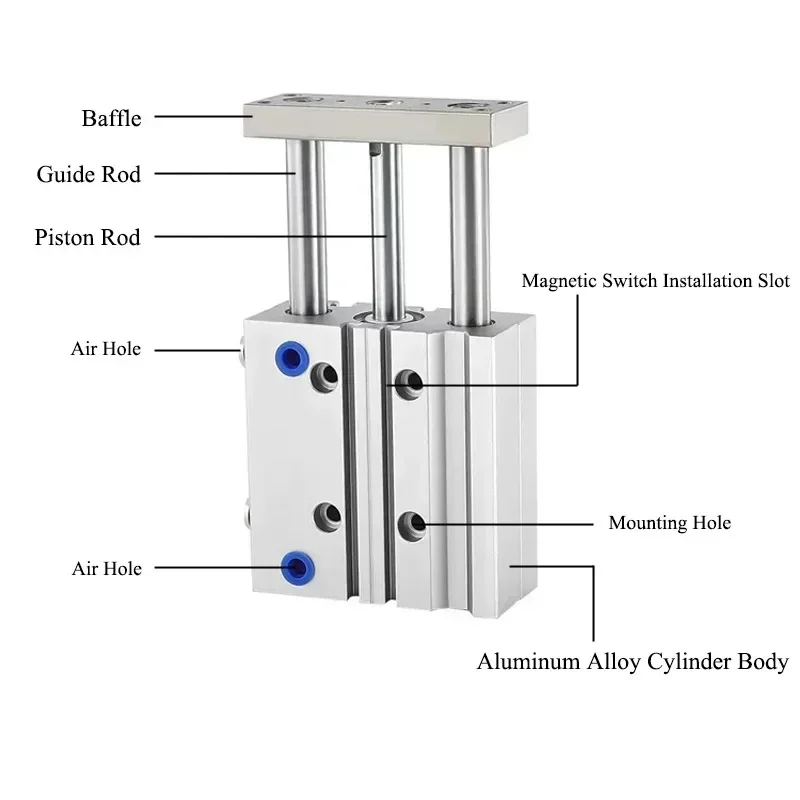 TCM Series Guided Cylinder 12/16/20/25/32/40/50/63mm Bore Three Axes Three Rods 5-400mm Stroke With Magnet Pneumatic Cylinders