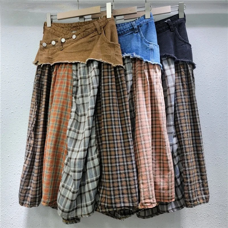 

Spring & Summer 2025 New Arrival: Women's Color-Block Plaid Denim Midi Skirt - High-Waisted A-Line Age-Reducing