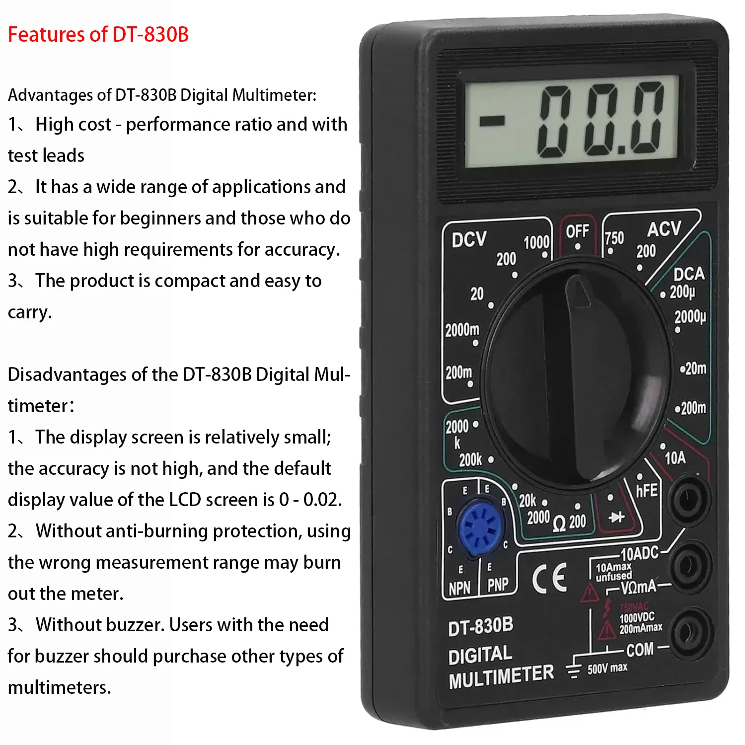Digital Multimeter Tester DT830B Portable Voltmeter Ammeter Multi Meter for Electrical Car Battery Circuit Testing
