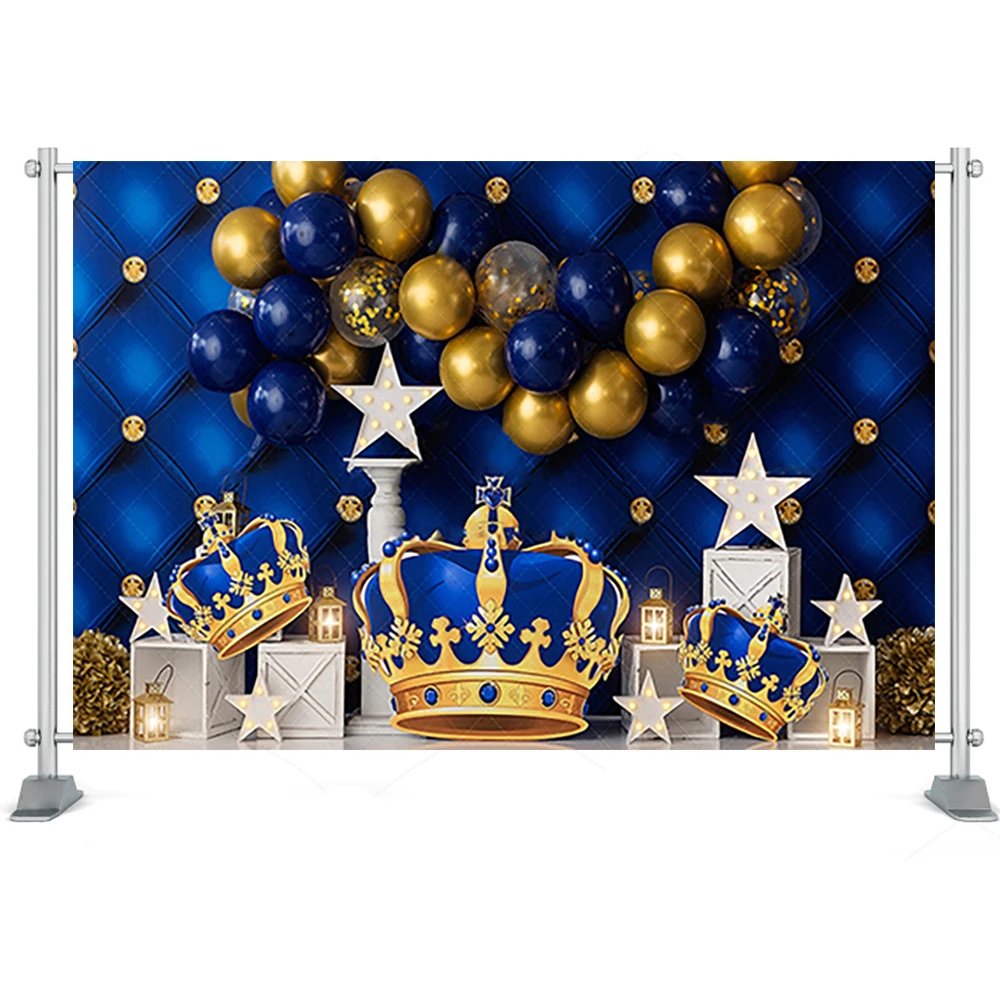 Royal King Blue Balloon Photo Background Golden Crown Boy Baby Shower Birthday Photography Backdrop Cake Smash Photo Studio Prop