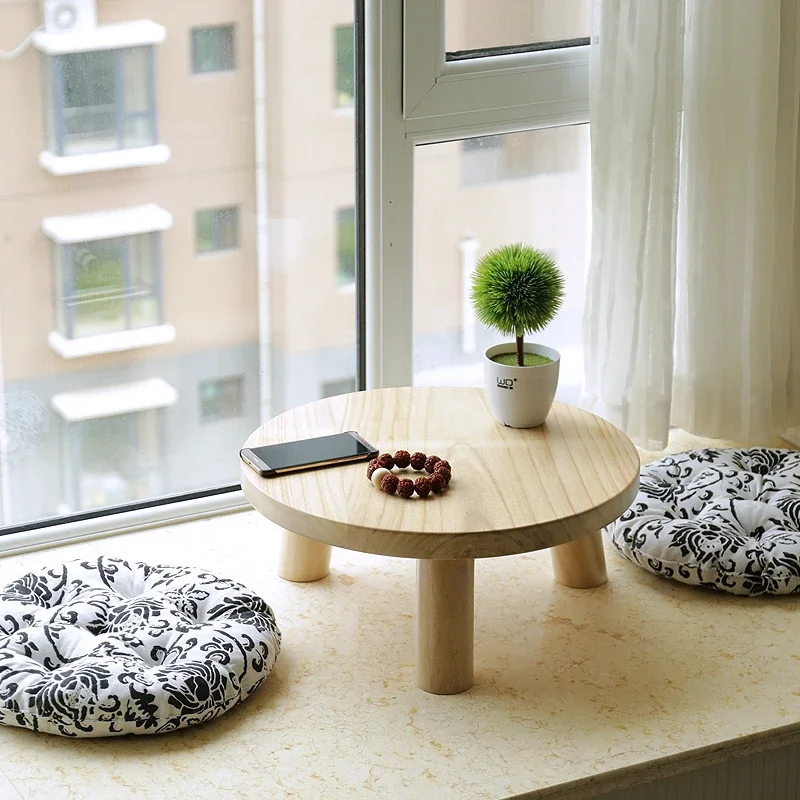 Japanese Low Table Round Wooden Tea Table Tatami Window Sill Accent  Compact Floor Cushion Seating Traditional Zen Home Decor