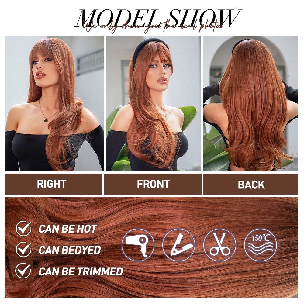 oneNonly Ginger Red Wig with Bangs Long Wave Synthetic Wigs for Women Cosplay Natural Wig Hair Heat Resistant Fiber