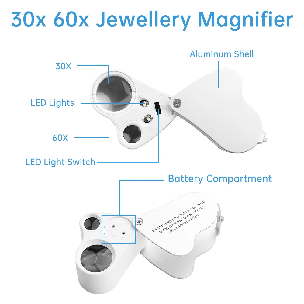 30X 60X Illuminated Jewelers Loupe Magnifier Foldable Magnifier With Bright LED Light For Gem Jewelry Stamp Measuring Tool