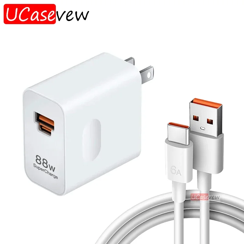 For HUAWEI Dual Ports Charger 88W EU US UK Super Fast Charger USB A/C PD Power Adapter 6A Type C Cable For Mate 60 P60 Pro+